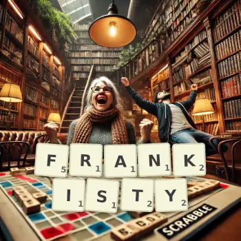 Kreatywna ilustracja do gry w Scrabble ze słowem FRANKISTY ułożonym z płytek na planszy.