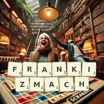 Kreatywna ilustracja do gry w Scrabble ze słowem FRANKIZMACH ułożonym z płytek na planszy.