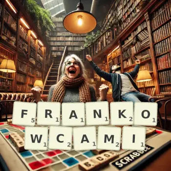 Kreatywna ilustracja do gry w Scrabble ze słowem FRANKOWCAMI ułożonym z płytek na planszy.