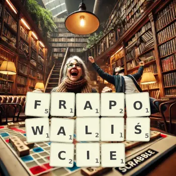 Kreatywna ilustracja do gry w Scrabble ze słowem FRAPOWALIŚCIE ułożonym z płytek na planszy.