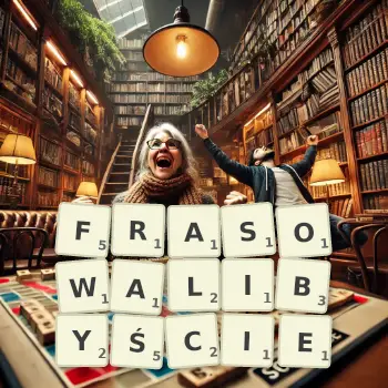 Kreatywna ilustracja do gry w Scrabble ze słowem FRASOWALIBYŚCIE ułożonym z płytek na planszy.