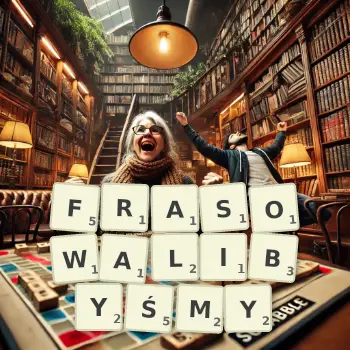 Kreatywna ilustracja do gry w Scrabble ze słowem FRASOWALIBYŚMY ułożonym z płytek na planszy.