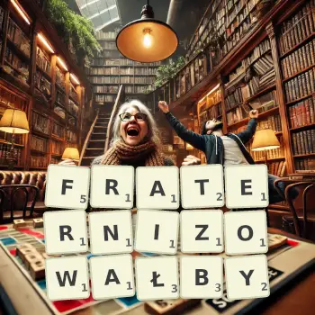 Kreatywna ilustracja do gry w Scrabble ze słowem FRATERNIZOWAŁBY ułożonym z płytek na planszy.