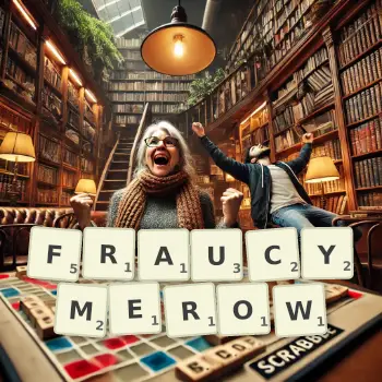 Kreatywna ilustracja do gry w Scrabble ze słowem FRAUCYMEROW ułożonym z płytek na planszy.