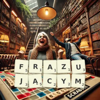 Kreatywna ilustracja do gry w Scrabble ze słowem FRAZUJĄCYM ułożonym z płytek na planszy.