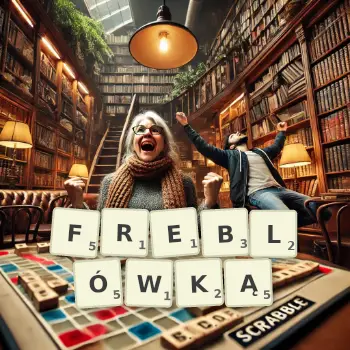 Kreatywna ilustracja do gry w Scrabble ze słowem FREBLÓWKĄ ułożonym z płytek na planszy.