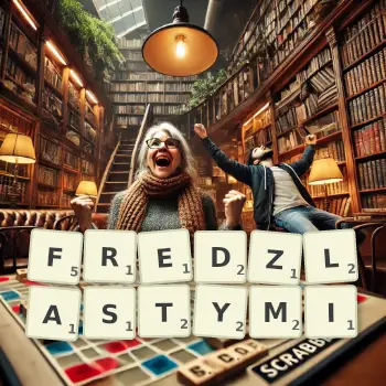 Kreatywna ilustracja do gry w Scrabble ze słowem FREDZLASTYMI ułożonym z płytek na planszy.