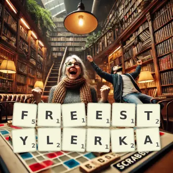 Kreatywna ilustracja do gry w Scrabble ze słowem FREESTYLERKA ułożonym z płytek na planszy.