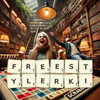 Kreatywna ilustracja do gry w Scrabble ze słowem FREESTYLERKI ułożonym z płytek na planszy.