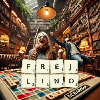 Kreatywna ilustracja do gry w Scrabble ze słowem FREJLINO ułożonym z płytek na planszy.