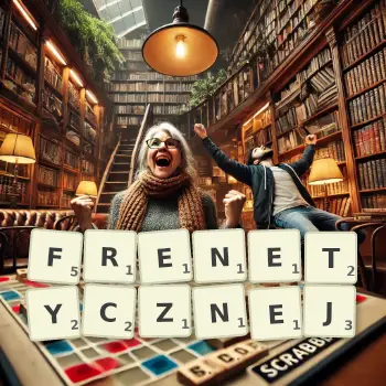 Kreatywna ilustracja do gry w Scrabble ze słowem FRENETYCZNEJ ułożonym z płytek na planszy.