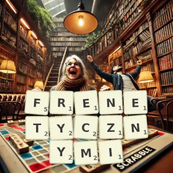 Kreatywna ilustracja do gry w Scrabble ze słowem FRENETYCZNYMI ułożonym z płytek na planszy.