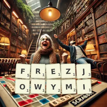 Kreatywna ilustracja do gry w Scrabble ze słowem FREZJOWYMI ułożonym z płytek na planszy.