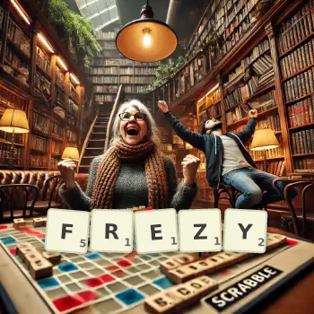 Kreatywna ilustracja do gry w Scrabble ze słowem FREZY ułożonym z płytek na planszy.