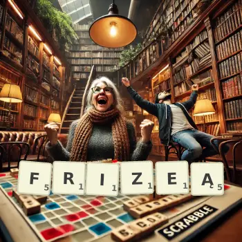 Kreatywna ilustracja do gry w Scrabble ze słowem FRIZEĄ ułożonym z płytek na planszy.