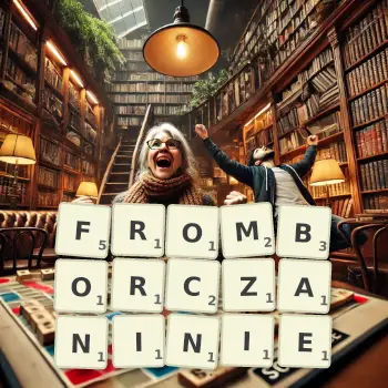 Kreatywna ilustracja do gry w Scrabble ze słowem FROMBORCZANINIE ułożonym z płytek na planszy.