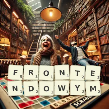 Kreatywna ilustracja do gry w Scrabble ze słowem FRONTENDOWYM ułożonym z płytek na planszy.