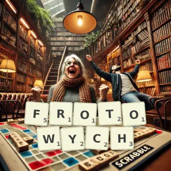 Kreatywna ilustracja do gry w Scrabble ze słowem FROTOWYCH ułożonym z płytek na planszy.