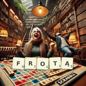 Kreatywna ilustracja do gry w Scrabble ze słowem FROTĄ ułożonym z płytek na planszy.