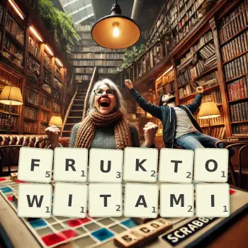 Kreatywna ilustracja do gry w Scrabble ze słowem FRUKTOWITAMI ułożonym z płytek na planszy.