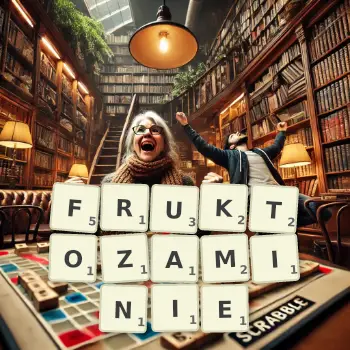 Kreatywna ilustracja do gry w Scrabble ze słowem FRUKTOZAMINIE ułożonym z płytek na planszy.