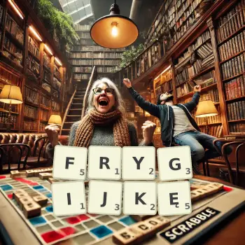 Kreatywna ilustracja do gry w Scrabble ze słowem FRYGIJKĘ ułożonym z płytek na planszy.