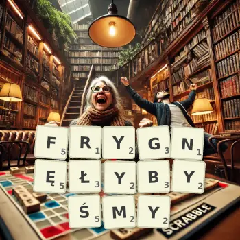 Kreatywna ilustracja do gry w Scrabble ze słowem FRYGNĘŁYBYŚMY ułożonym z płytek na planszy.