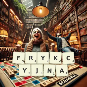 Kreatywna ilustracja do gry w Scrabble ze słowem FRYKCYJNA ułożonym z płytek na planszy.
