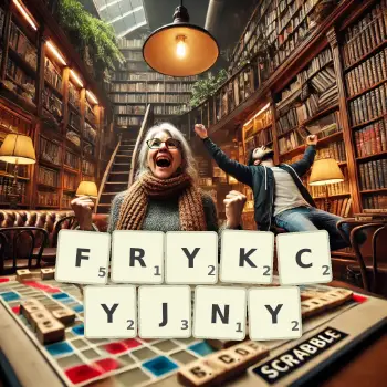 Kreatywna ilustracja do gry w Scrabble ze słowem FRYKCYJNY ułożonym z płytek na planszy.