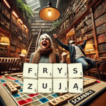 Kreatywna ilustracja do gry w Scrabble ze słowem FRYSZUJĄ ułożonym z płytek na planszy.