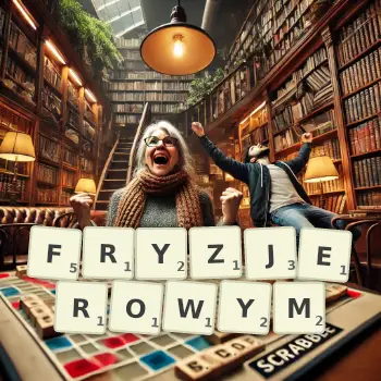 Kreatywna ilustracja do gry w Scrabble ze słowem FRYZJEROWYM ułożonym z płytek na planszy.