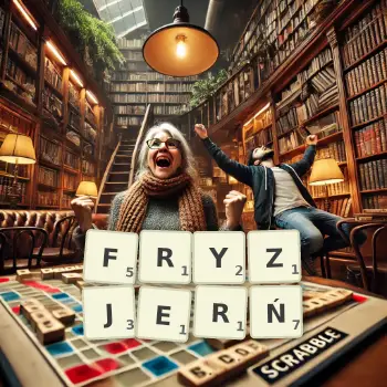 Kreatywna ilustracja do gry w Scrabble ze słowem FRYZJERŃ ułożonym z płytek na planszy.