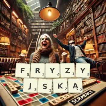 Kreatywna ilustracja do gry w Scrabble ze słowem FRYZYJSKĄ ułożonym z płytek na planszy.