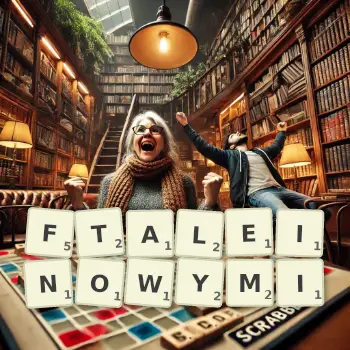 Kreatywna ilustracja do gry w Scrabble ze słowem FTALEINOWYMI ułożonym z płytek na planszy.