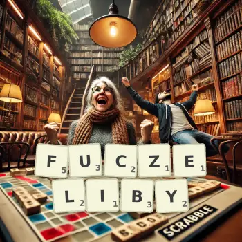 Kreatywna ilustracja do gry w Scrabble ze słowem FUCZELIBY ułożonym z płytek na planszy.