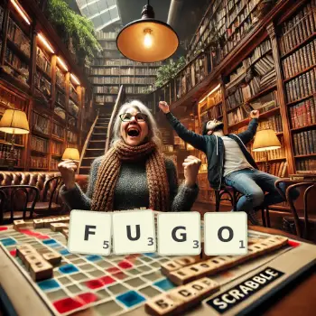 Kreatywna ilustracja do gry w Scrabble ze słowem FUGO ułożonym z płytek na planszy.