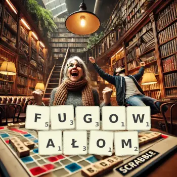 Kreatywna ilustracja do gry w Scrabble ze słowem FUGOWAŁOM ułożonym z płytek na planszy.