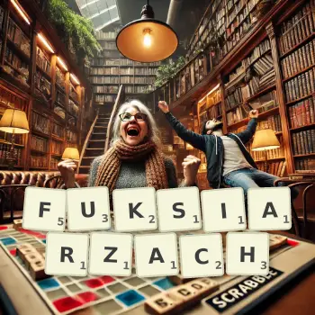 Kreatywna ilustracja do gry w Scrabble ze słowem FUKSIARZACH ułożonym z płytek na planszy.
