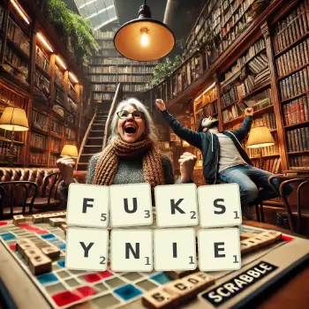 Kreatywna ilustracja do gry w Scrabble ze słowem FUKSYNIE ułożonym z płytek na planszy.