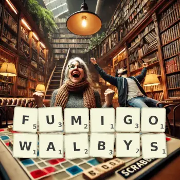 Kreatywna ilustracja do gry w Scrabble ze słowem FUMIGOWALBYS ułożonym z płytek na planszy.