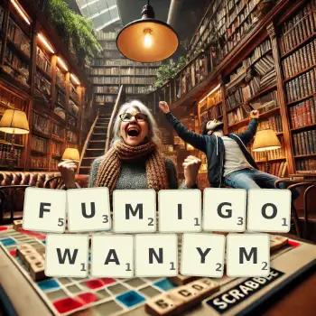 Kreatywna ilustracja do gry w Scrabble ze słowem FUMIGOWANYM ułożonym z płytek na planszy.