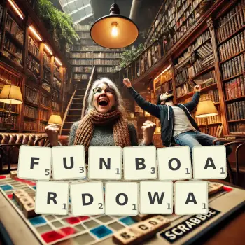 Kreatywna ilustracja do gry w Scrabble ze słowem FUNBOARDOWA ułożonym z płytek na planszy.