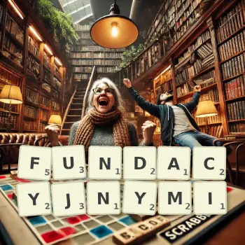 Kreatywna ilustracja do gry w Scrabble ze słowem FUNDACYJNYMI ułożonym z płytek na planszy.