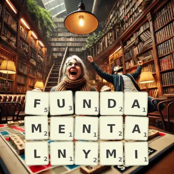 Kreatywna ilustracja do gry w Scrabble ze słowem FUNDAMENTALNYMI ułożonym z płytek na planszy.