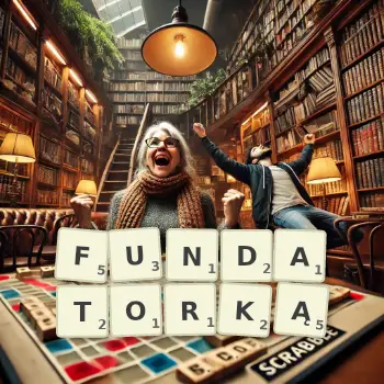 Kreatywna ilustracja do gry w Scrabble ze słowem FUNDATORKĄ ułożonym z płytek na planszy.