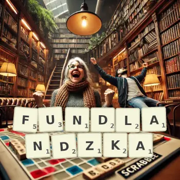 Kreatywna ilustracja do gry w Scrabble ze słowem FUNDLANDZKA ułożonym z płytek na planszy.