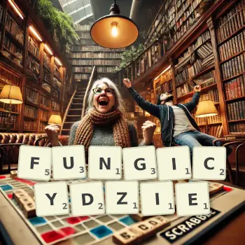 Kreatywna ilustracja do gry w Scrabble ze słowem FUNGICYDZIE ułożonym z płytek na planszy.