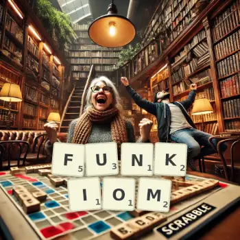 Kreatywna ilustracja do gry w Scrabble ze słowem FUNKIOM ułożonym z płytek na planszy.