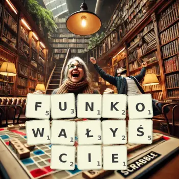 Kreatywna ilustracja do gry w Scrabble ze słowem FUNKOWAŁYŚCIE ułożonym z płytek na planszy.