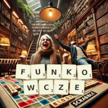 Kreatywna ilustracja do gry w Scrabble ze słowem FUNKOWCZE ułożonym z płytek na planszy.